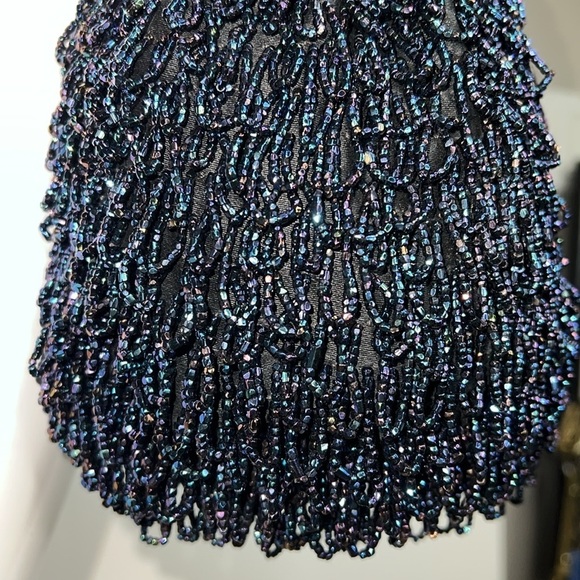 1920's Flapper Hand Stitched Iridescent Navy Blue Beaded Reticule Wristlet Bag - Picture 3 of 8